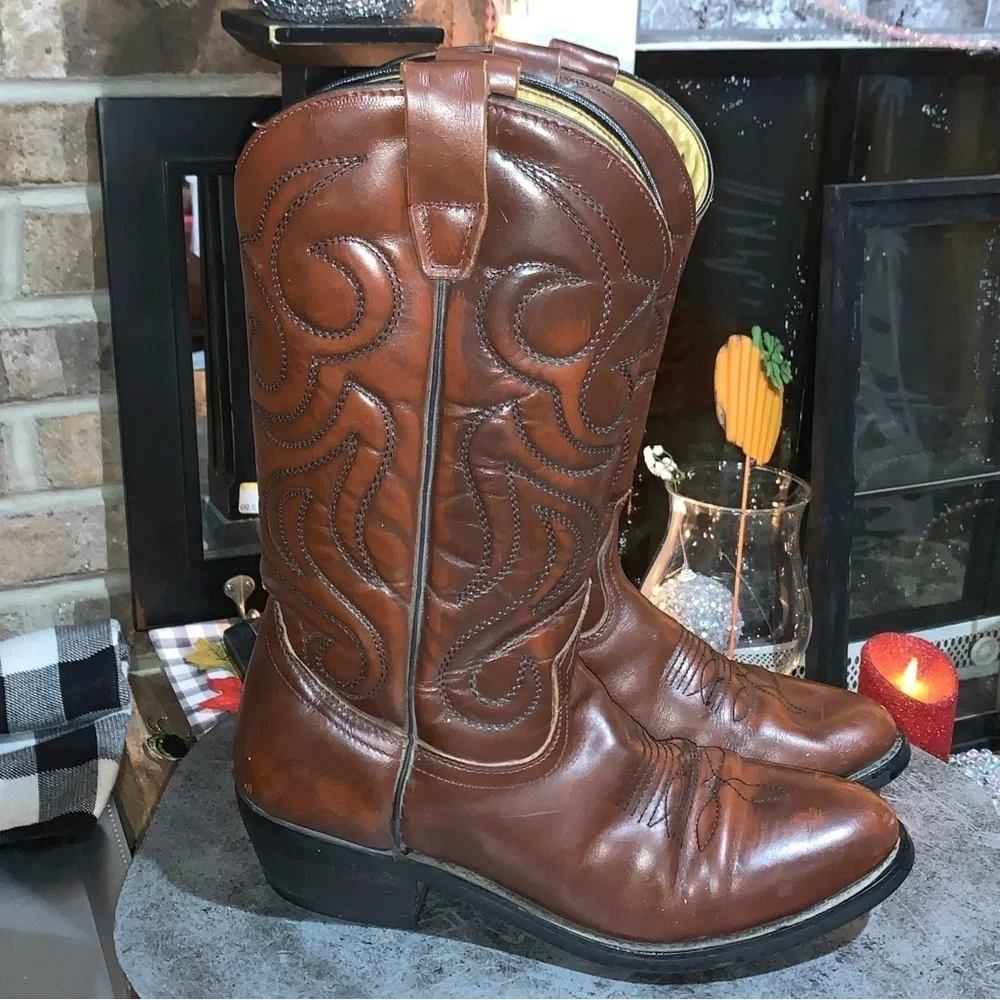 New West Men’s Leather Cowboy Boots Brown 9 1/2 - Picture 1 of 8